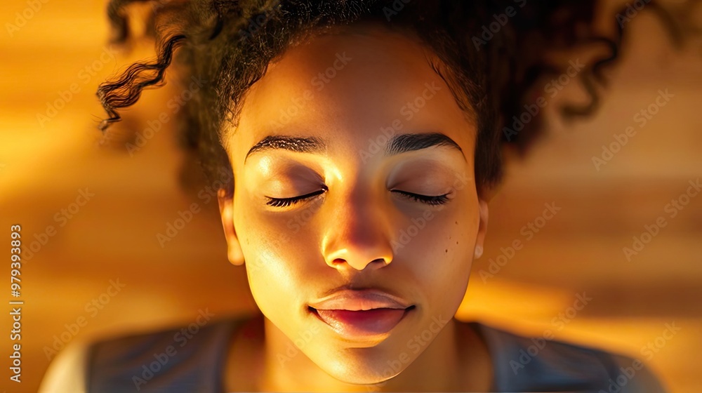 A serene moment captured of a woman with closed eyes, embodying peace and tranquility in a warm, natural light setting. A serene moment captured of a woman with closed eyes, embodying peace and tranquility in a warm, natural light setting.