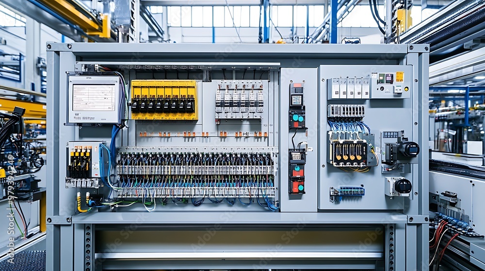 A large factory’s electrical control box with visible wires and control elements, neatly arranged for clarity in an index-style image A large factory’s electrical control box with visible wires and control elements, neatly arranged for clarity in an index-style image