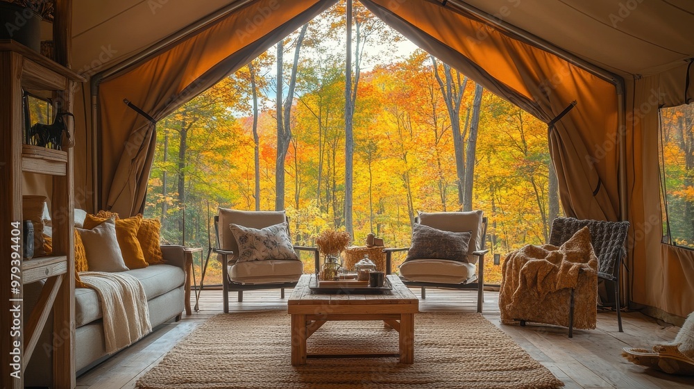 Fototapeta premium Cozy glamping interior with autumn scenery through large windows.