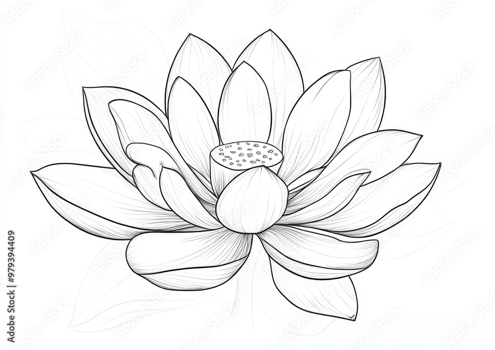 Line art illustration of a black outline lotus flower on a white background Line art illustration of a black outline lotus flower on a white background