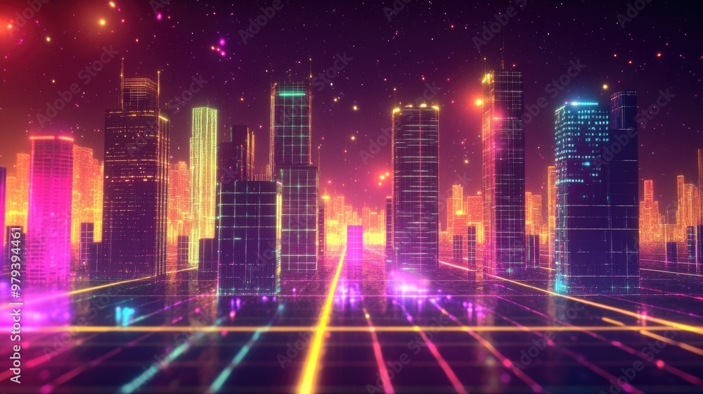 Neon Grids and Geometric Shapes in a Glowing Retro-Futuristic Sci-Fi World Neon Grids and Geometric Shapes in a Glowing Retro-Futuristic Sci-Fi World