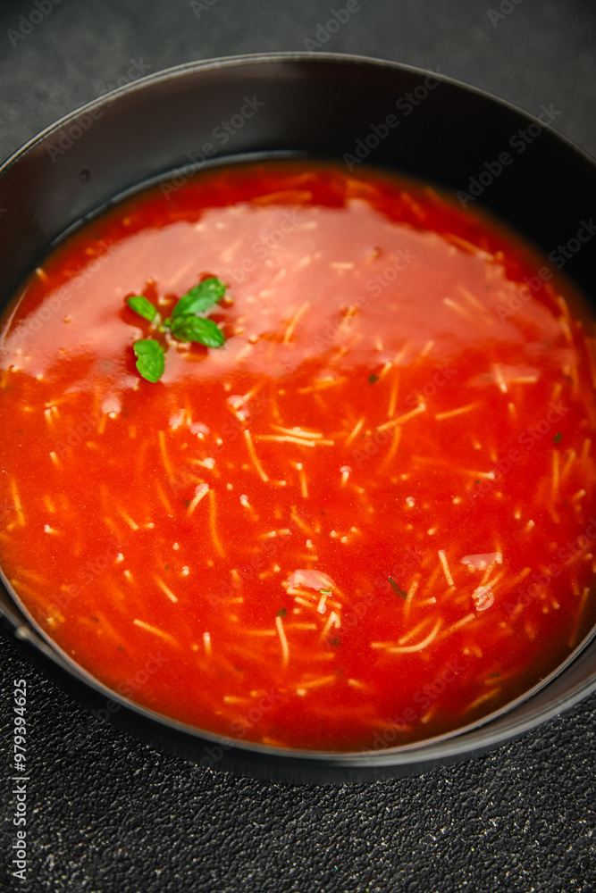 Tomato soup with vermicelli gazpacho first course dish fresh delicious gourmet food background on the table rustic food top view copy space keto and paleo diet Vegetarian and vegan food Tomato soup with vermicelli gazpacho first course dish fresh delicious gourmet food background on the table rustic food top view copy space keto and paleo diet Vegetarian and vegan food