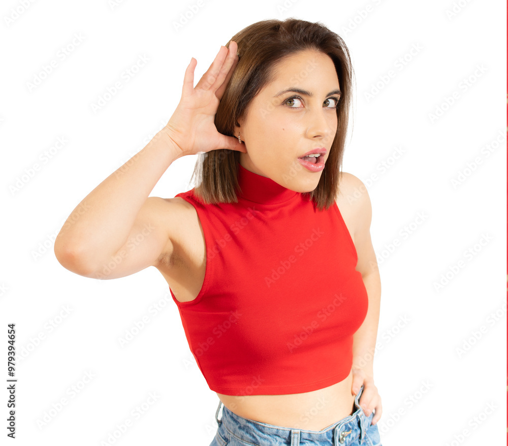 Portrait of a young woman over isolated transparent background listening to something by putting hand on the ear Portrait of a young woman over isolated transparent background listening to something by putting hand on the ear