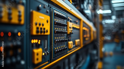 Close-up of a factory's electrical control box with clearly labeled switches and buttons, arranged in a precise, index-style layout