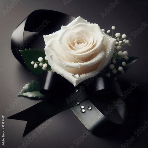 white mourning rose decorated with a black satin ribbon with drops of water on black background. 
