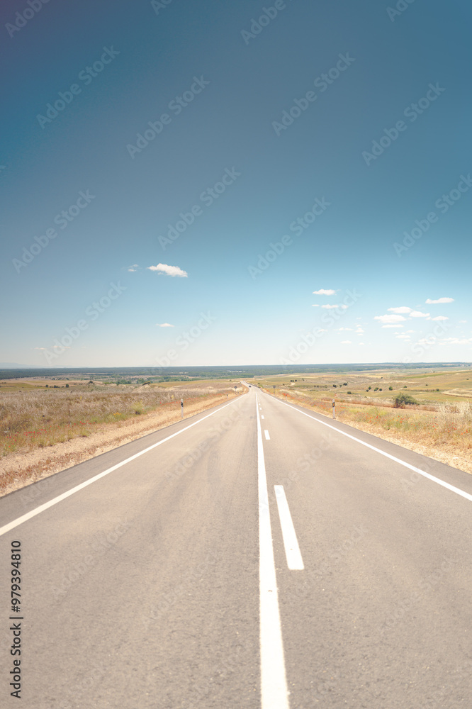 Stunning image of a long, open road stretching into the horizon under a clear blue sky, embodying the spirit of travel and adventure. The scenic countryside setting evokes a sense of freedom Stunning image of a long, open road stretching into the horizon under a clear blue sky, embodying the spirit of travel and adventure. The scenic countryside setting evokes a sense of freedom