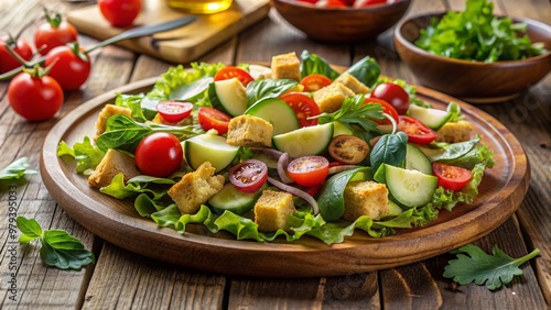 Freshly prepared garden salad with mixed greens, cherry tomatoes, cucumber slices, and croutons, garnished with a light vinaigrette dressing and served on a rustic wooden plate. photo