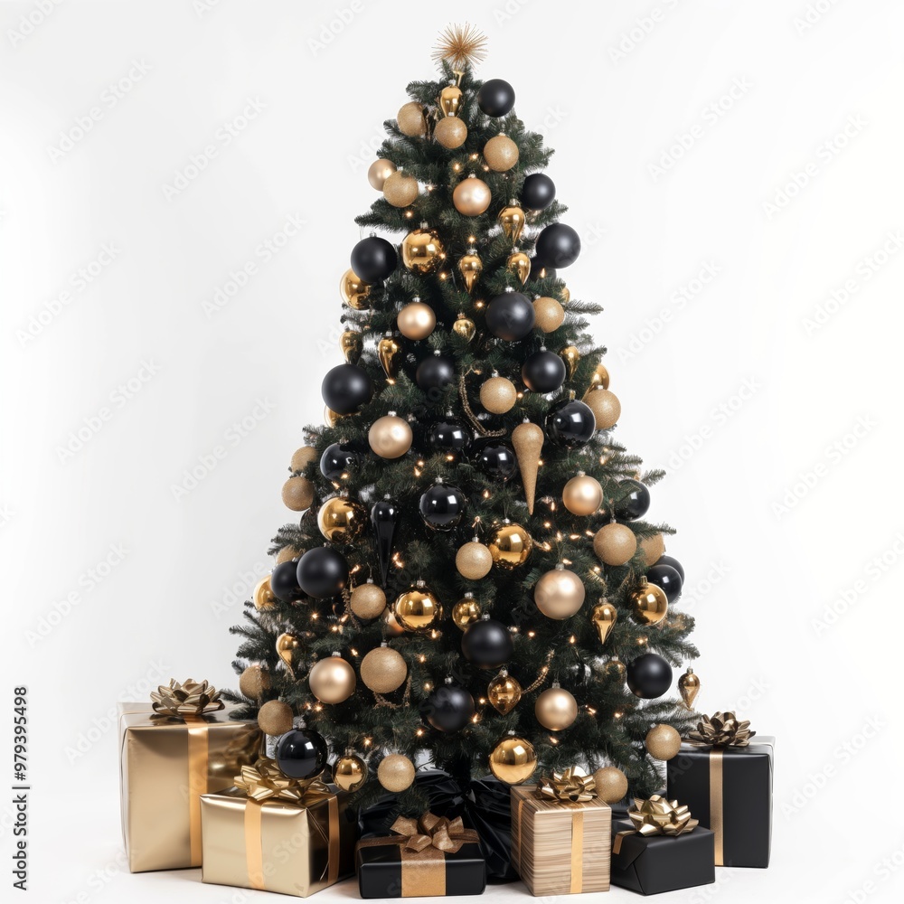A large Christmas tree with gold and black ornaments. The tree is surrounded by boxes of gifts A large Christmas tree with gold and black ornaments. The tree is surrounded by boxes of gifts