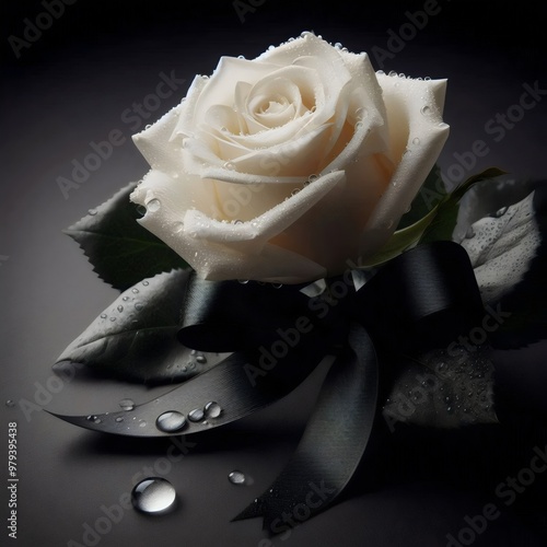white rose decorated with a black satin ribbon with drops of water. isolated on black background. 3D illustration.