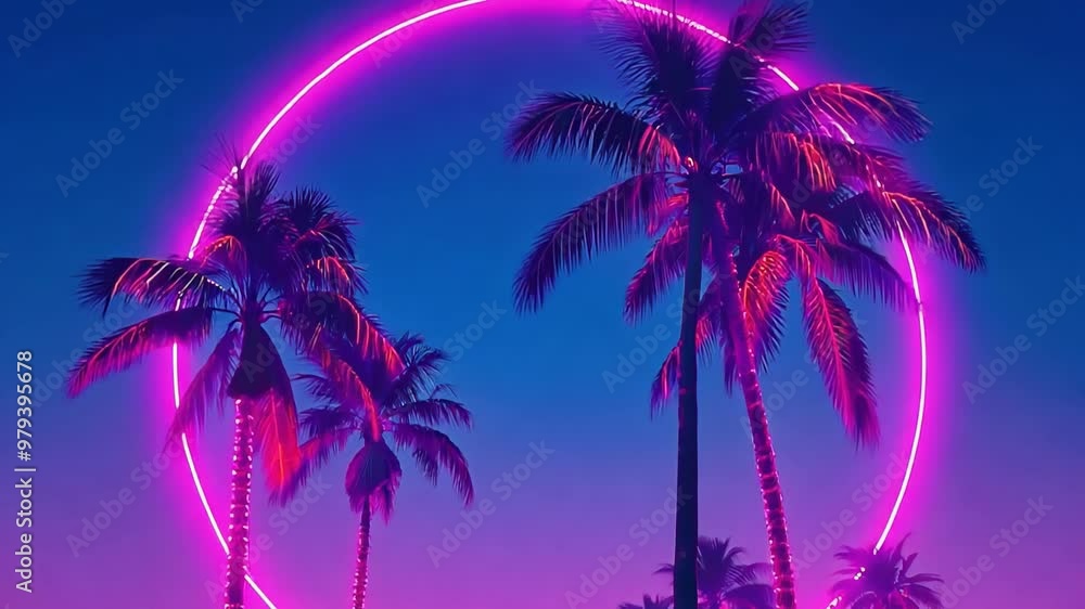 Neon palm trees against a glowing pink and blue sky with a neon circle. Neon palm trees against a glowing pink and blue sky with a neon circle.