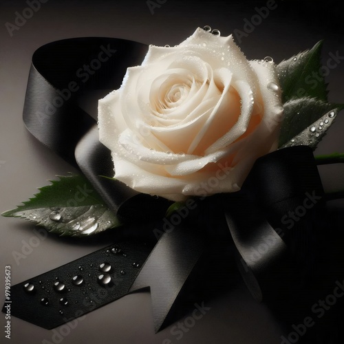 white rose decorated with black satin ribbon. 3D illustration.