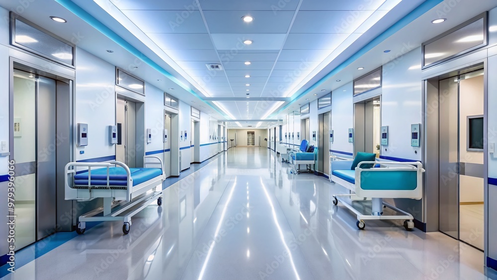 Sleek, modern hospital corridor with polished floors, rows of private rooms, and advanced medical equipment, conveying a sense of cleanliness and cutting-edge care. Sleek, modern hospital corridor with polished floors, rows of private rooms, and advanced medical equipment, conveying a sense of cleanliness and cutting-edge care.