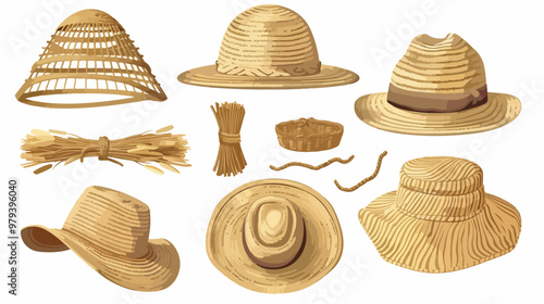 Vintage Rattan Straw Woman's Hat Elements Illustration