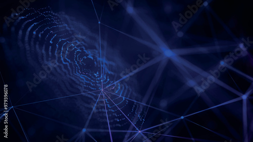 Abstract background with dynamic wave. Circular wave of dots. Musical sound wave. Dark background. Big data visualization. Plexus. Vector illustration.