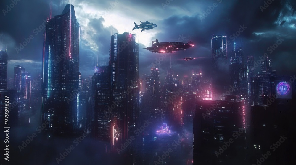 Fototapeta premium Cybernetic City Skyline with Neon-Lit Skyscrapers and Flying Vehicles