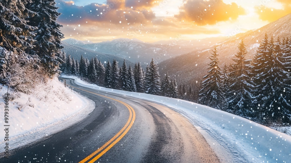 Winding Snowy Mountain Road with Pine Trees and Sunset - AI generated illustration Winding Snowy Mountain Road with Pine Trees and Sunset - AI generated illustration