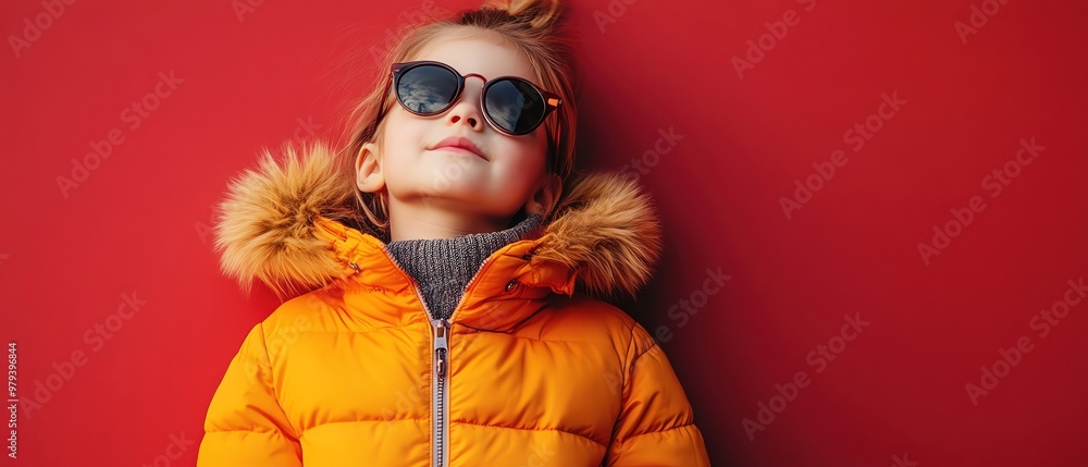 A stylish child in an orange jacket and sunglasses against a red background A stylish child in an orange jacket and sunglasses against a red background