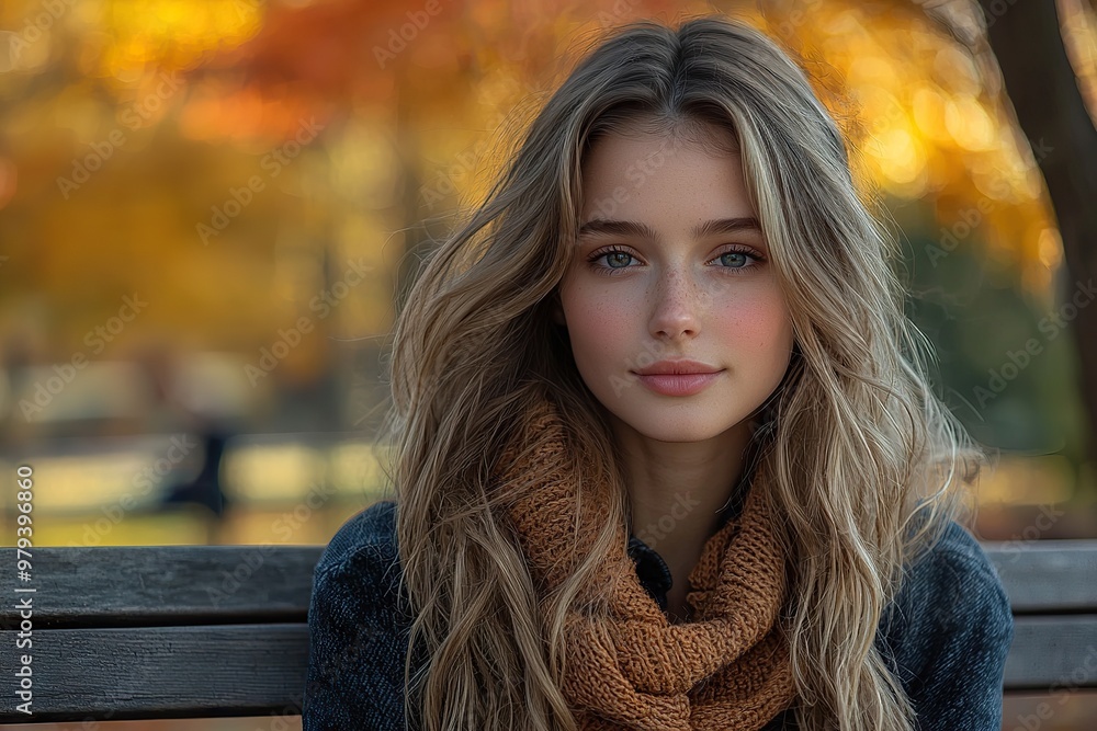 Autumn Serenity Young Woman Enjoying Fall Season on Park Bench Autumn Serenity Young Woman Enjoying Fall Season on Park Bench