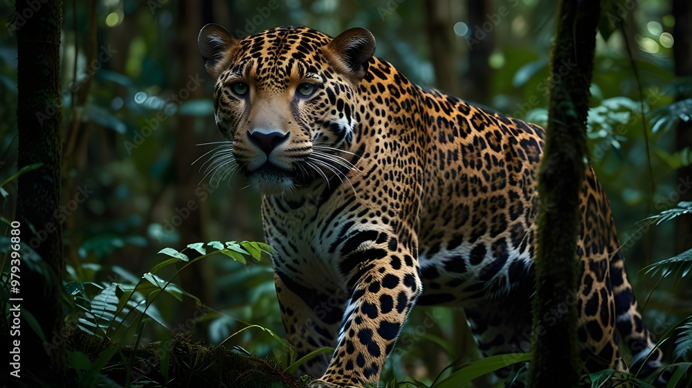 A close up of a jaguar, standing confidently A close up of a jaguar, standing confidently