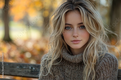 Autumn Serenity Young Woman Enjoying Fall Season on Park Bench