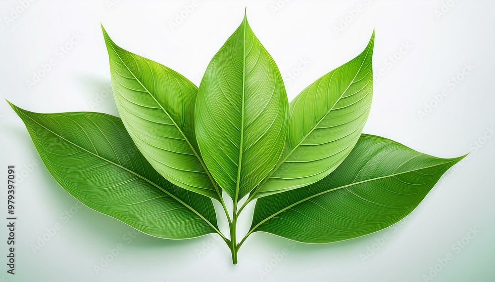 Fototapeta premium Fresh green leaves arranged beautifully, symbolizing nature, growth, and tranquility on a clean background.