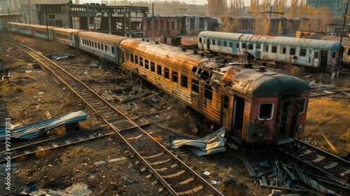 An eerie atmosphere envelops a deserted train yard at twilight, highlighting rusting carriages and overgrowth as nature takes over