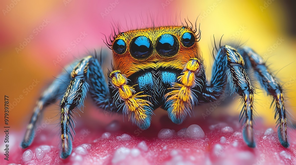 Closeup of a colorful jumping spider, vibrant metallic hues, detailed and intense focus Closeup of a colorful jumping spider, vibrant metallic hues, detailed and intense focus