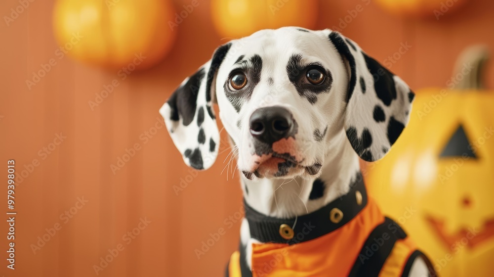 Dalmatian in a firefighter costume with Halloween decorations, firefighter dog, heroic Halloween pet Dalmatian in a firefighter costume with Halloween decorations, firefighter dog, heroic Halloween pet
