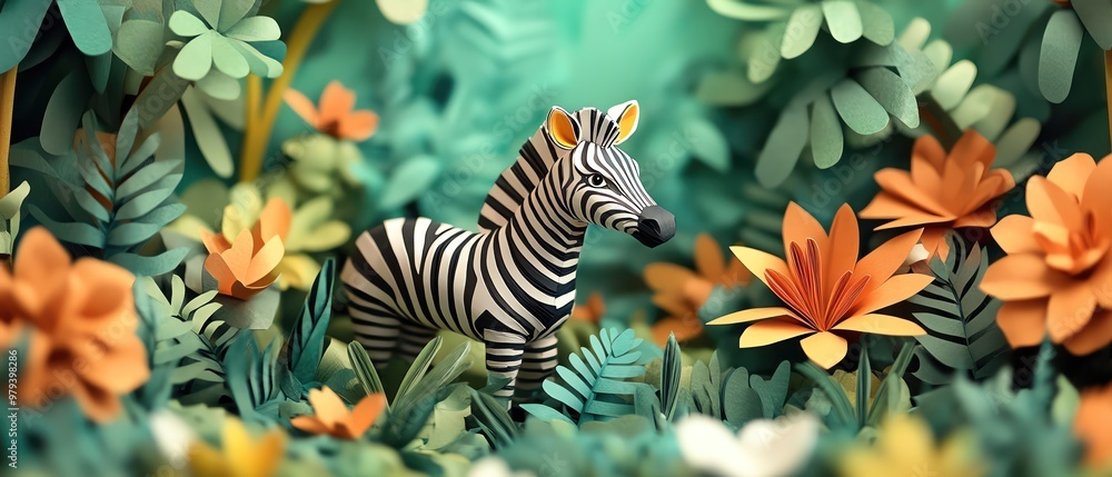 Obraz premium Cute zebra figurine in a lush, whimsical papercrafted jungle setting