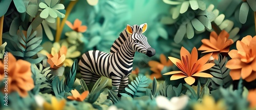 Cute zebra figurine in a lush, whimsical papercrafted jungle setting photo