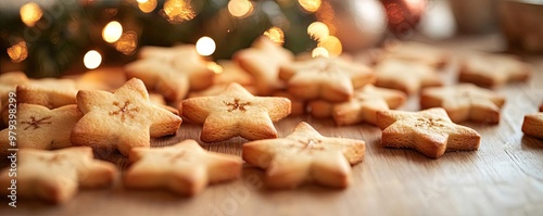 Festive star cookies arranged on a wooden table, surrounded by warm holiday lights. Perfect for Christmas celebrations.