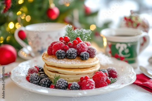 Festive Christmas breakfast with pancakes, berries, and powdered sugar