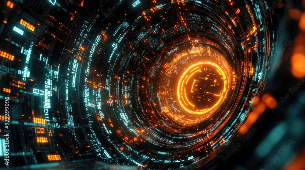 Obraz premium Binary Code and Glowing Digital Firewall Protecting Data
