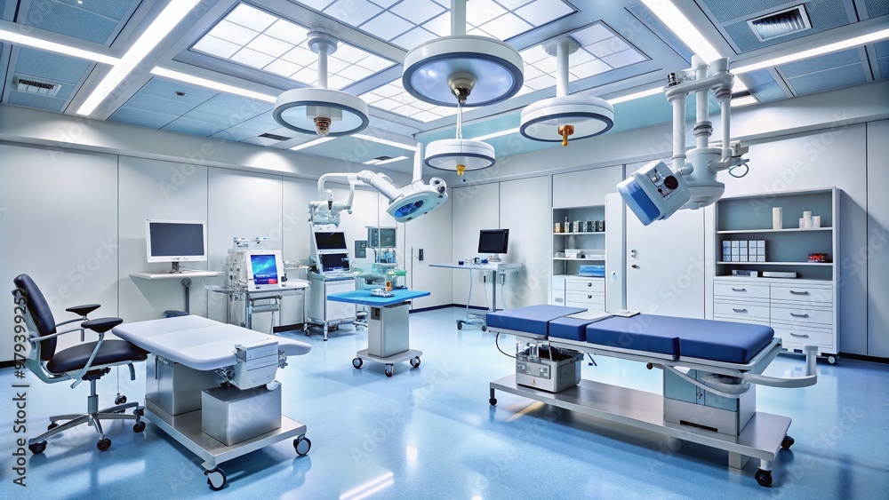 Modern operating room with sterile equipment, anesthesia machines, and surgical lights, ready for a complex medical procedure. Modern operating room with sterile equipment, anesthesia machines, and surgical lights, ready for a complex medical procedure.