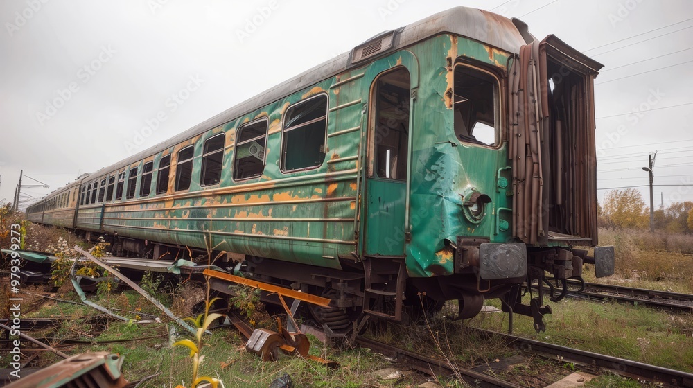 Rusting train car sits neglected in a disused railway yard, surrounded by tall grass and wild plants under an overcast sky Rusting train car sits neglected in a disused railway yard, surrounded by tall grass and wild plants under an overcast sky