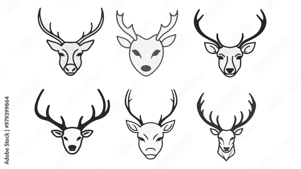 set of black and white deer head vector illustrations set of black and white deer head vector illustrations