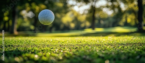 Golf Ball In Flight Over Green Grass photo