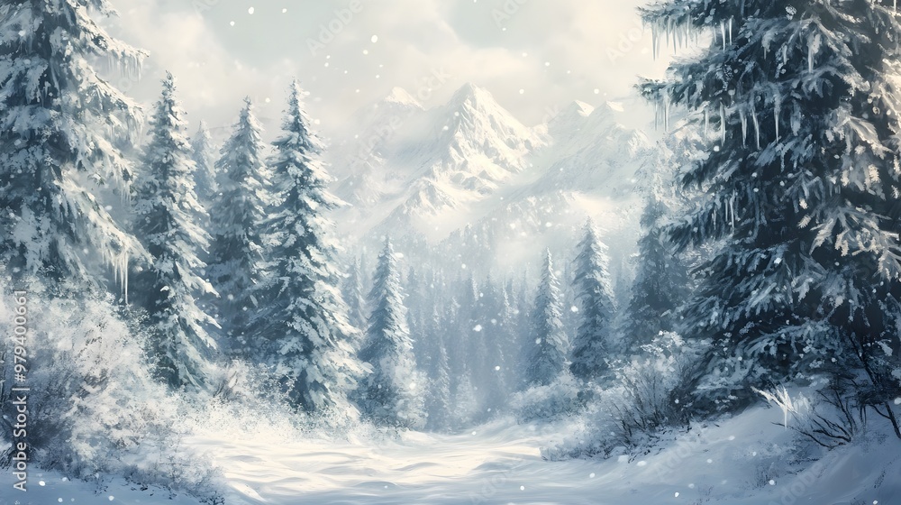 Serene Snowbound Forest Landscape with Mist-Shrouded Mountains Serene Snowbound Forest Landscape with Mist-Shrouded Mountains