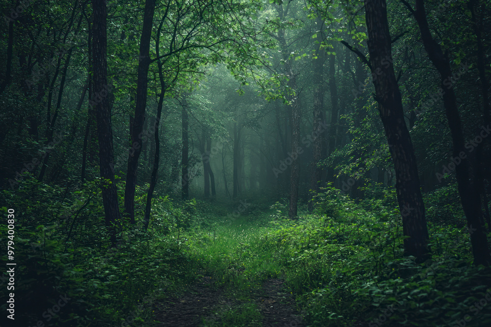 Fototapeta premium Dramatic, scary dark forest with green bushes.