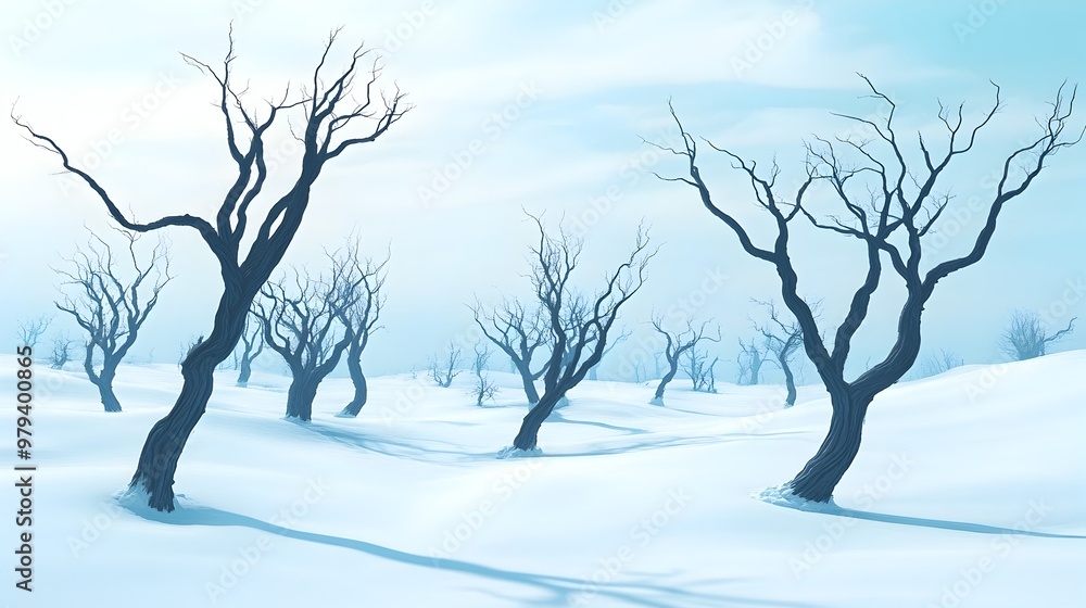 Fototapeta premium Tranquil Winter Landscape with Stark Silhouetted Trees in Serene Monochrome Tones
