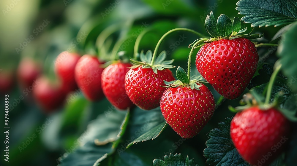 Ripe strawberries on the vine, fresh and juicy, lush green leaves surrounding the fruit Ripe strawberries on the vine, fresh and juicy, lush green leaves surrounding the fruit