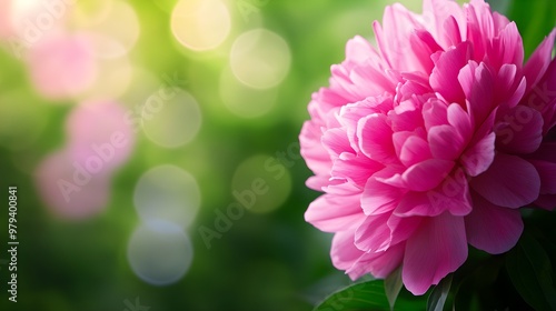 Close-up of a pink peony in full bloom against a blurred green backgroundThe lush petals are captured in high detail, making it ideal for feminine, beauty, or wedding-related content