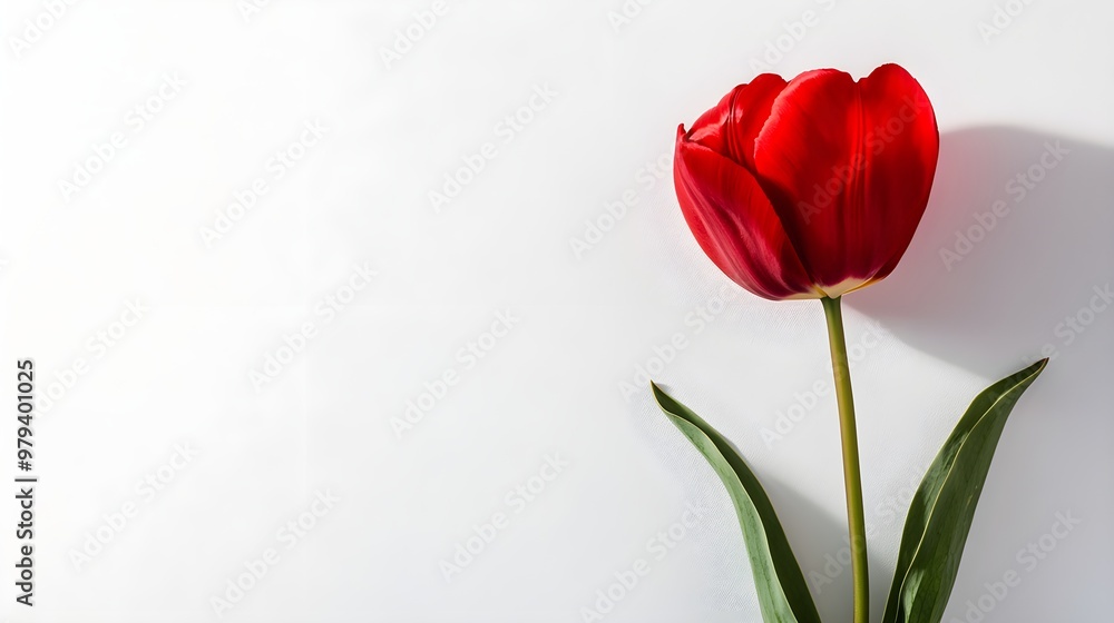 A single red tulip with soft shadows on a white background, creating a striking yet simple image, ideal for minimalist branding and design A single red tulip with soft shadows on a white background, creating a striking yet simple image, ideal for minimalist branding and design