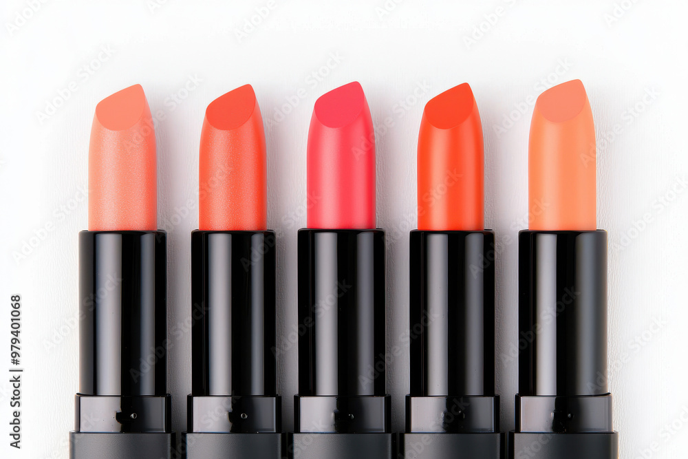 Vibrant collection of five lipsticks in various shades from coral to orange. Perfect for beauty and makeup photography. Vibrant collection of five lipsticks in various shades from coral to orange. Perfect for beauty and makeup photography.