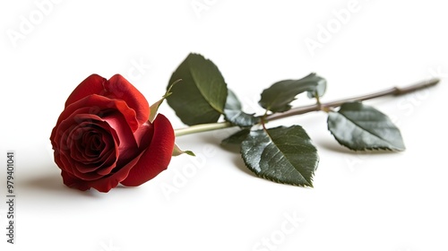 A single red rose, isolated on a white background with soft shadowsThe simplicity and classic beauty make it ideal for romantic or elegant designs, with ample copy space photo