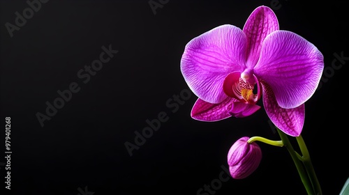 A solitary orchid in rich purple hues, isolated against a pitch-black backgroundThe delicate curves and luxurious tones evoke a sense of elegance, perfect for luxury branding