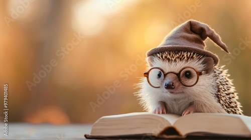 Hedgehog wearing a wizard hat and glasses sitting by a spell book, wizard hedgehog, magical Halloween pet