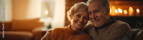 Smiling older couple, warmly lit home interior, cozy ambiance