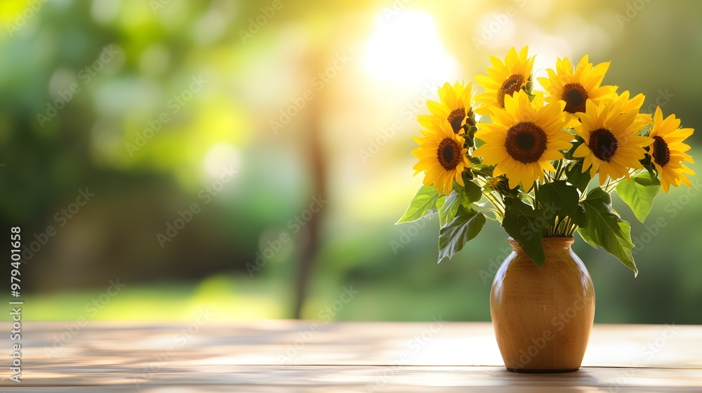 A vibrant bouquet of sunflowers in a rustic ceramic vase, set on an aged wooden tableSunlight streaming through a nearby window casts a soft, warm glow A vibrant bouquet of sunflowers in a rustic ceramic vase, set on an aged wooden tableSunlight streaming through a nearby window casts a soft, warm glow