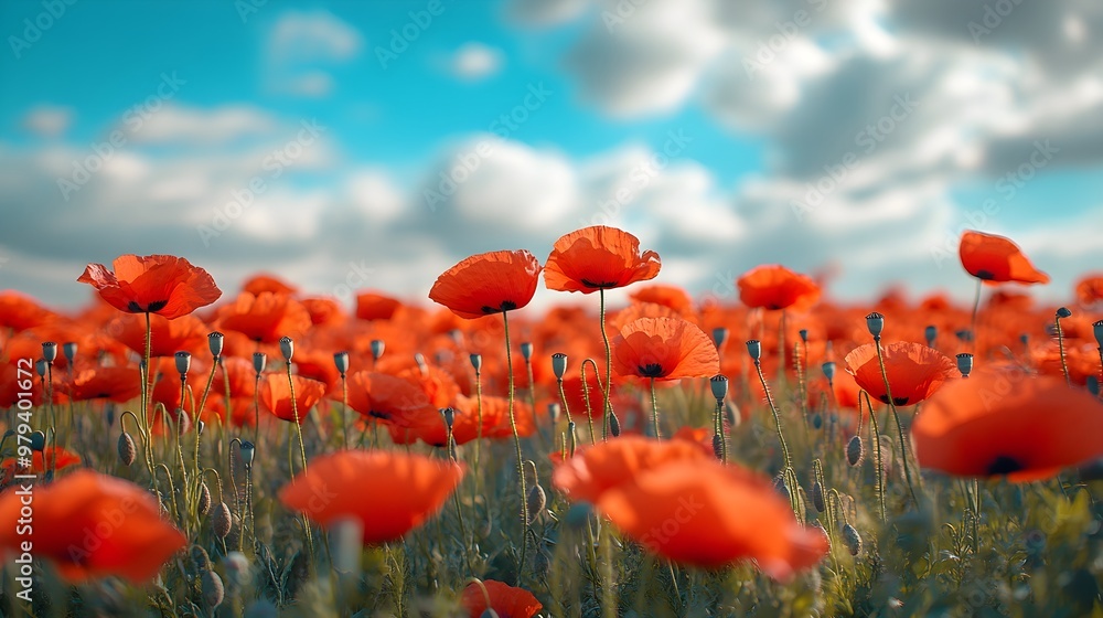 Obraz premium A vibrant field of red poppies gently swaying under a crisp blue sky, capturing the essence of springEach flower moves in harmony with the wind